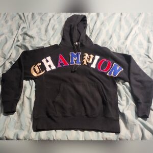 Champion Adult Reverse Weave Black Hoodie Size Large Old‎ English Spellout Patch